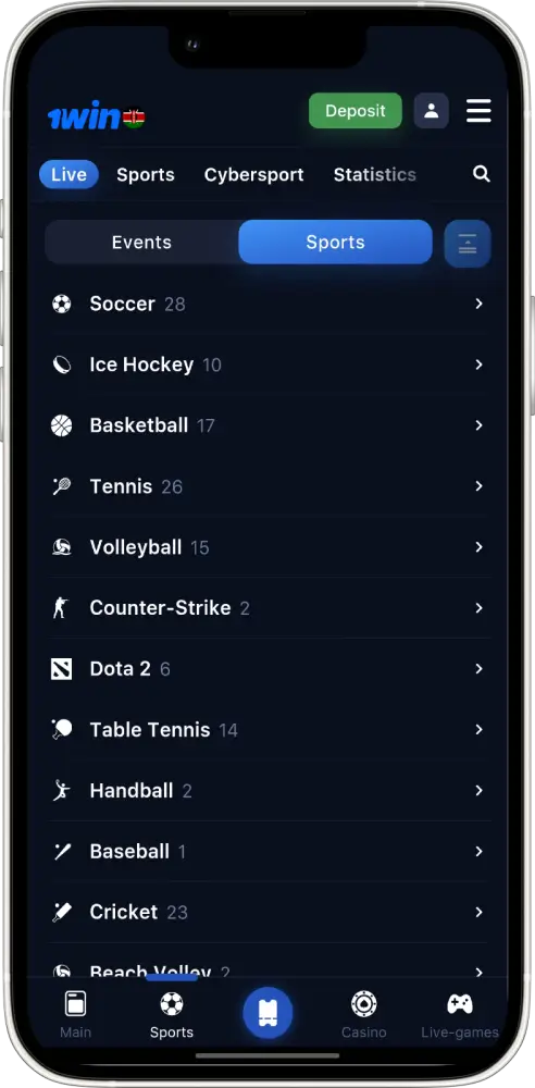 1win mobile app allows you to bet on many popular sports