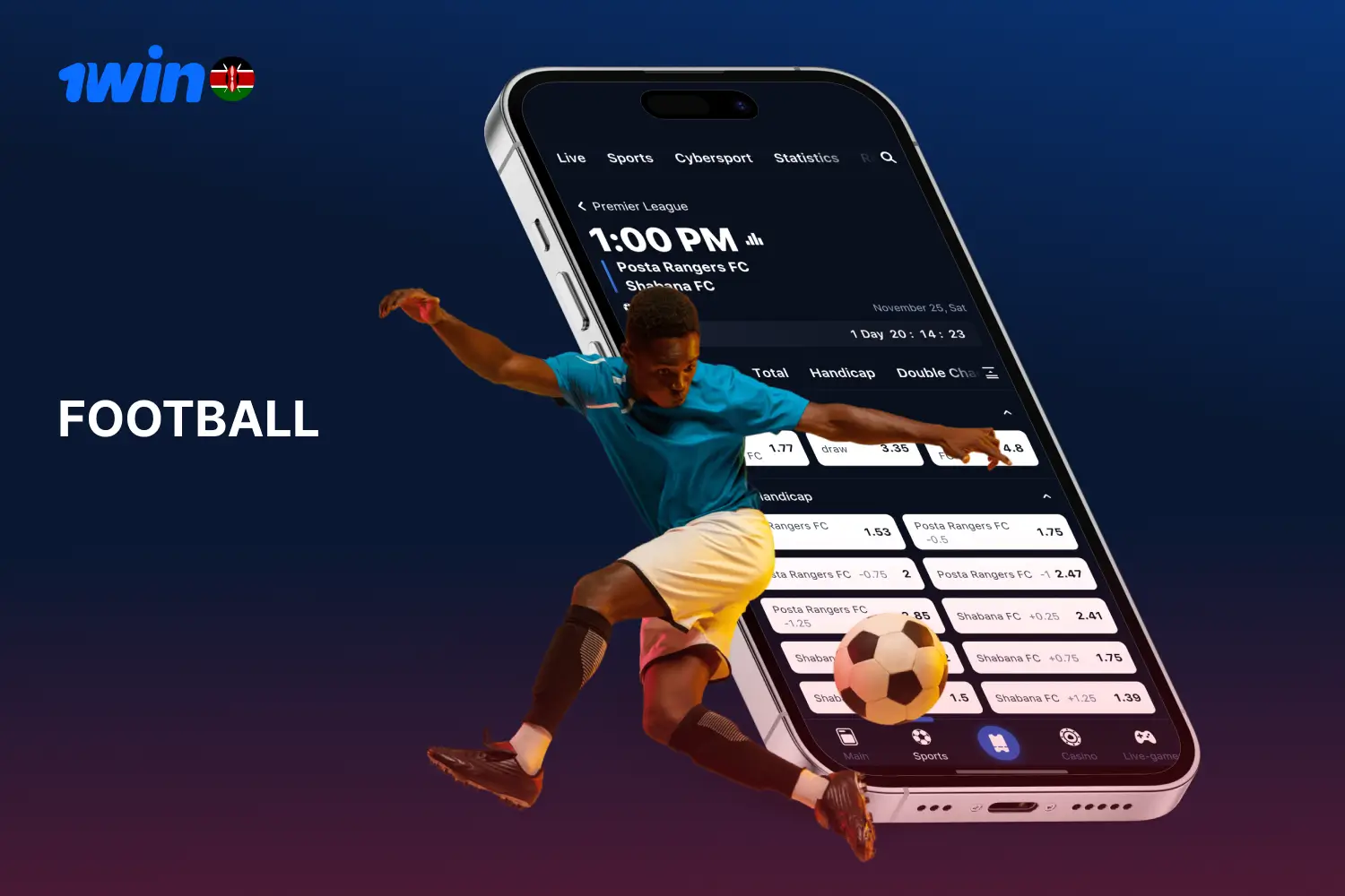 Kenyan 1win bettors can place live, pre-match and long-term bets on football matches of world and regional competitions