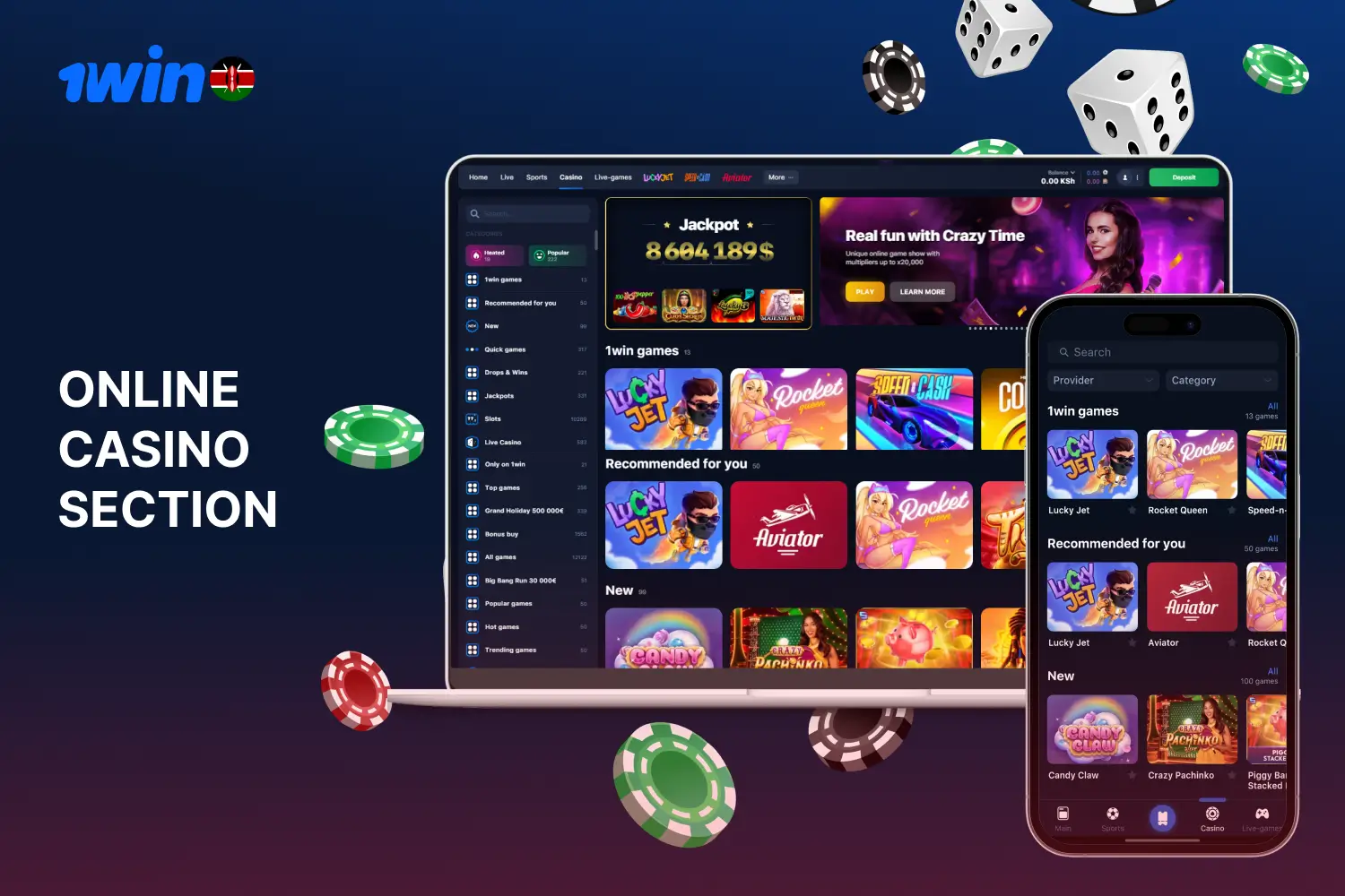 Gamblers from Kenya can play a variety of online casino games at 1win