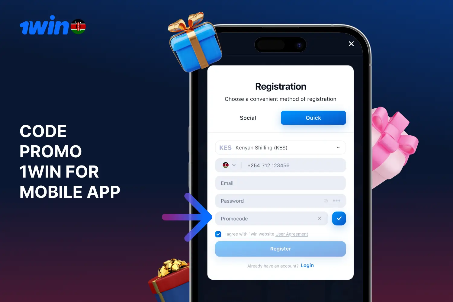 Players from Kenya can use the promo code in the 1win mobile application