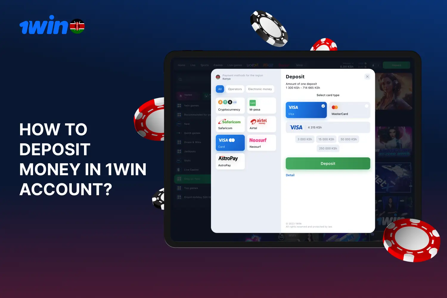 1win users in Kenya can make a deposit both on the website and in the mobile application in a few simple steps