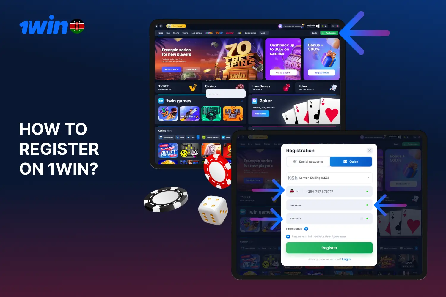 Users from Kenya can register on 1win casino in a few clicks