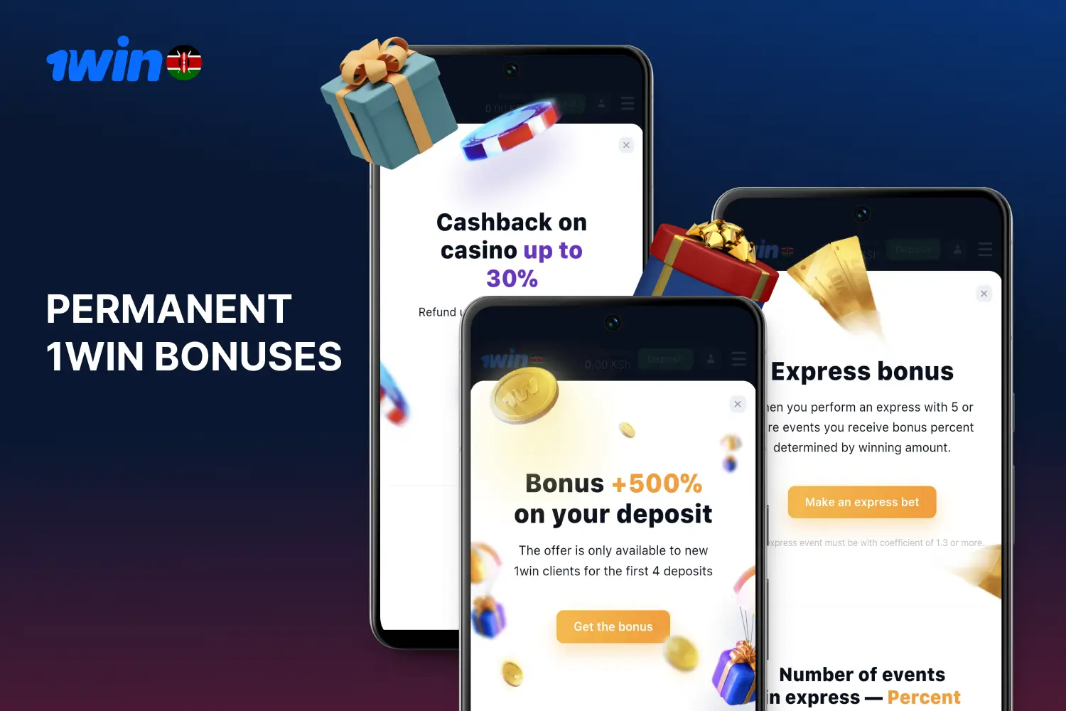 Several permanent bonuses are offered by 1win to its users in Kenya