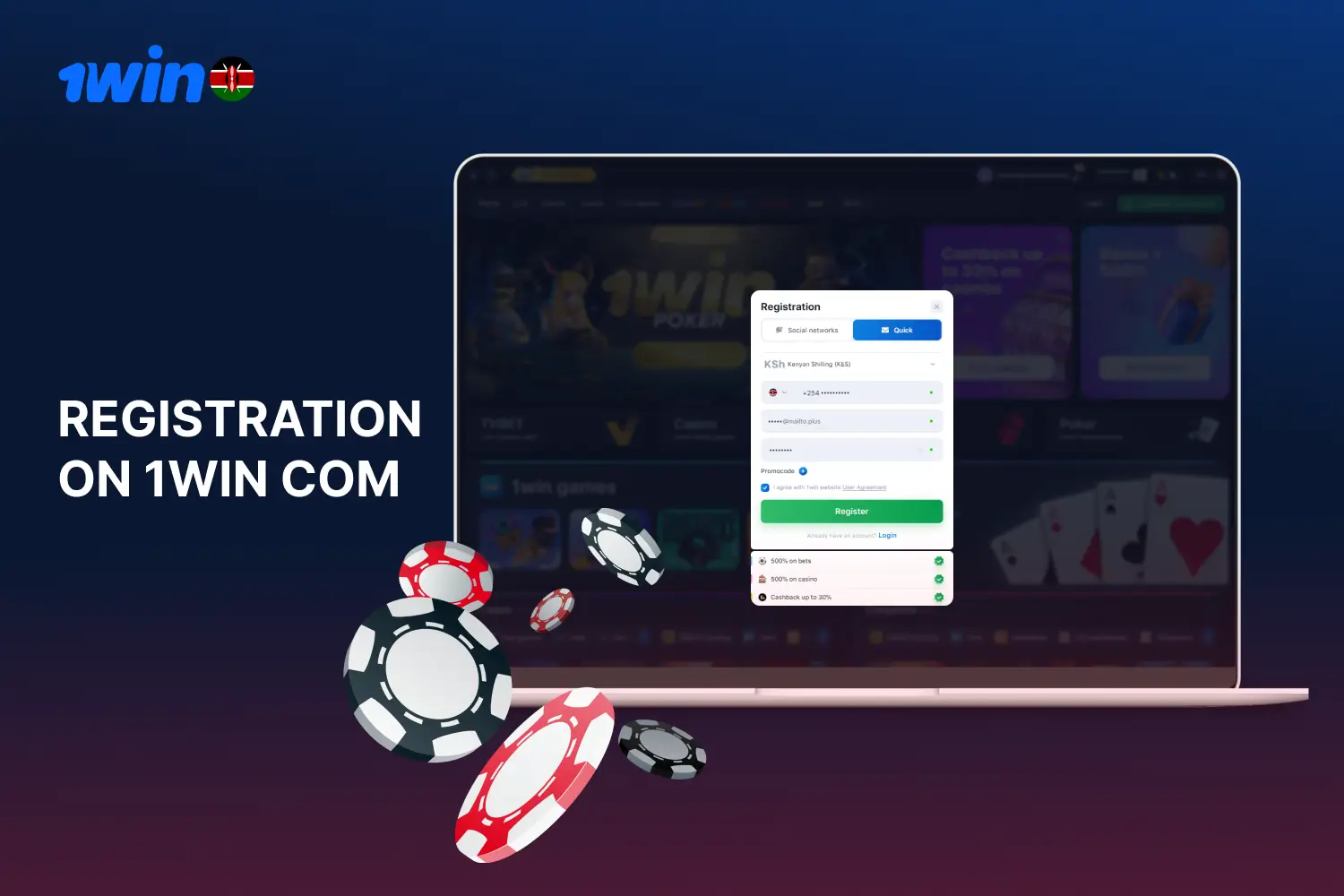 To get access to a lot of gambling games and nice bonuses from 1win Kenya, you need to register