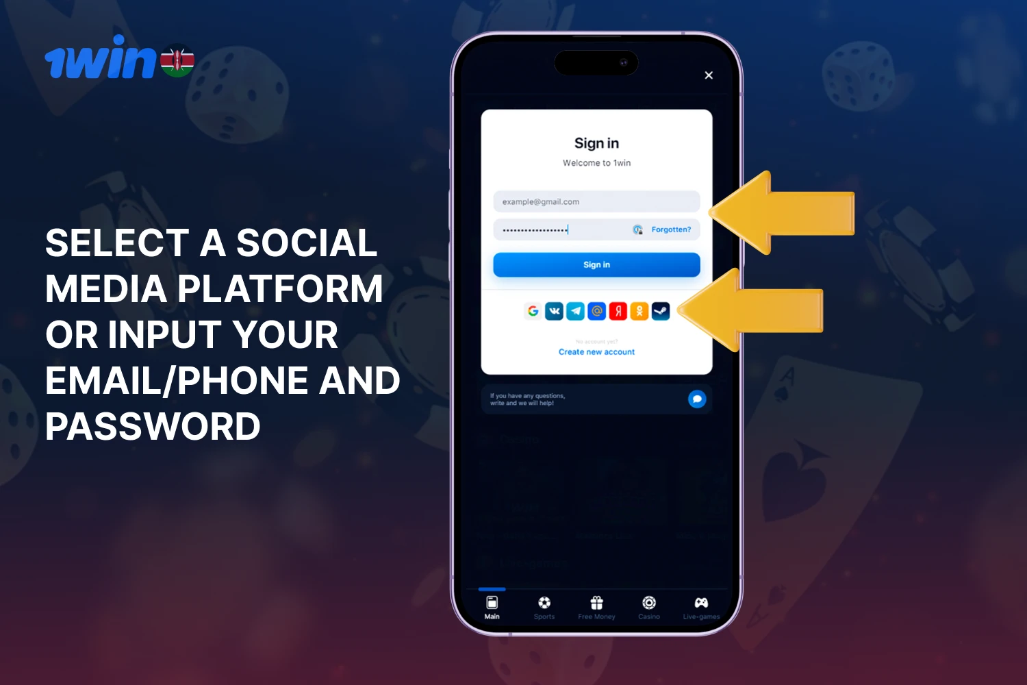 Enter your credentials or use a social media platform to log in to 1win Kenya