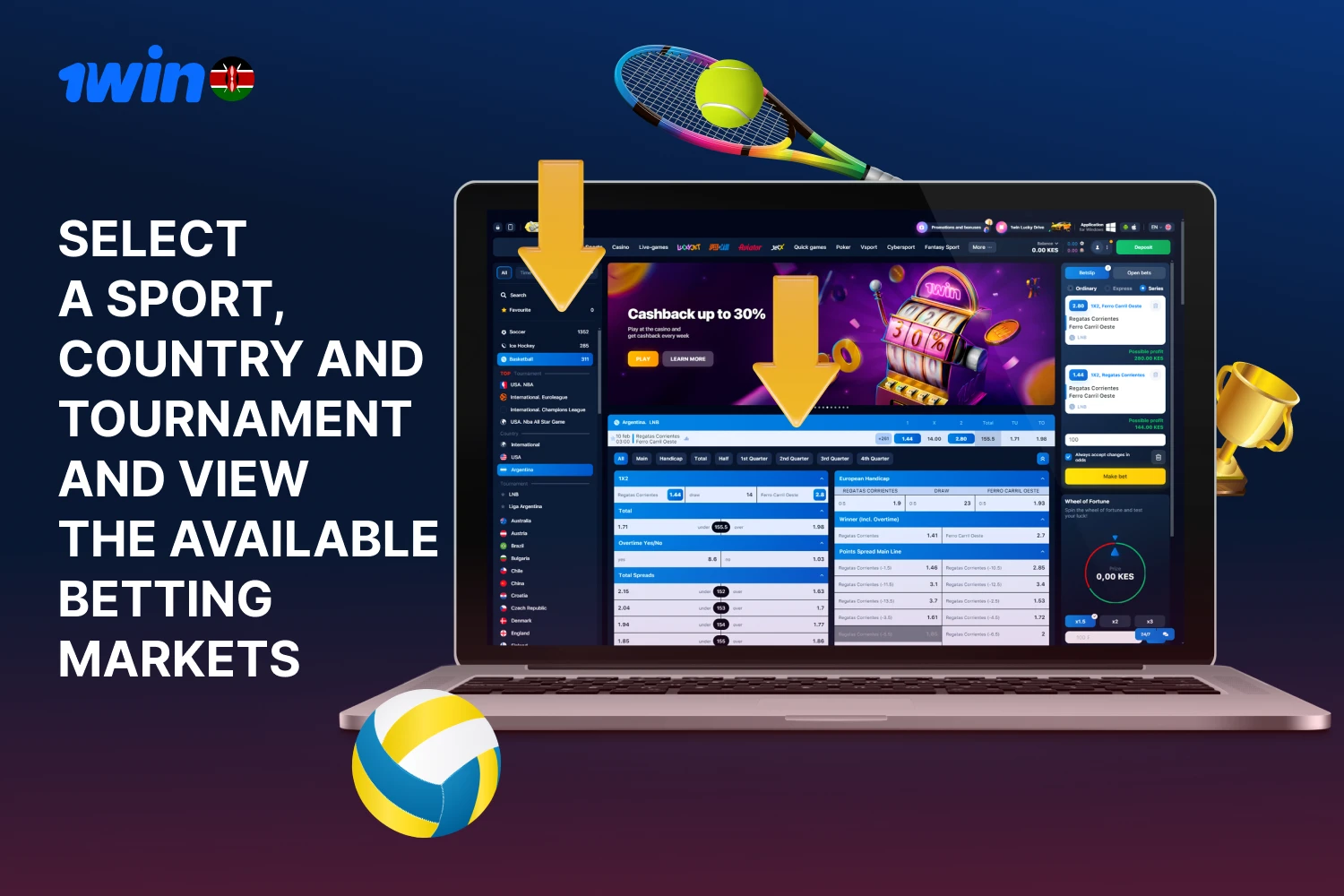 Select a sport, country and tournament and view the available betting markets on the 1win Kenya platform