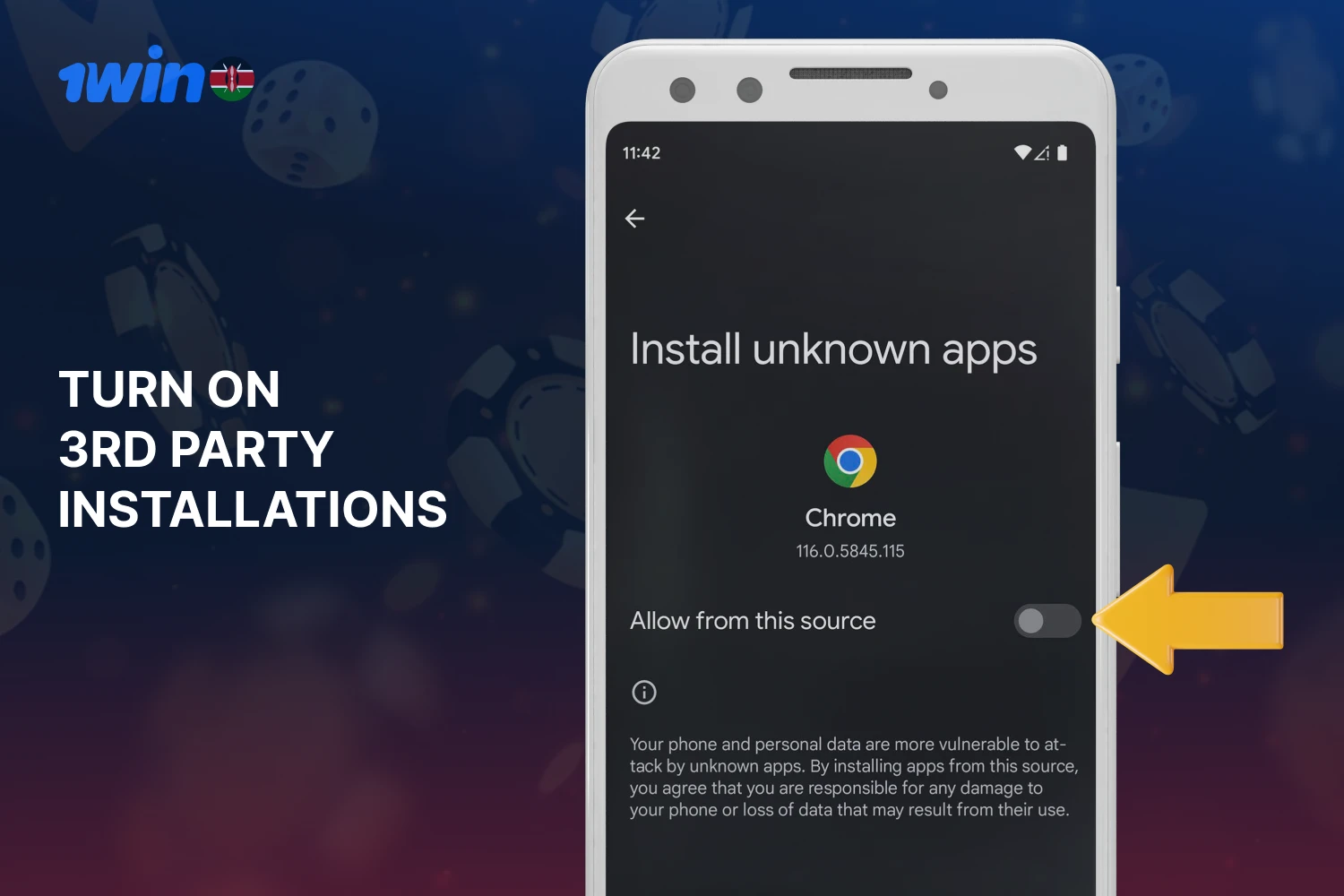 To install 1win apk, allow installation of files from unknown sources on your smartphone.