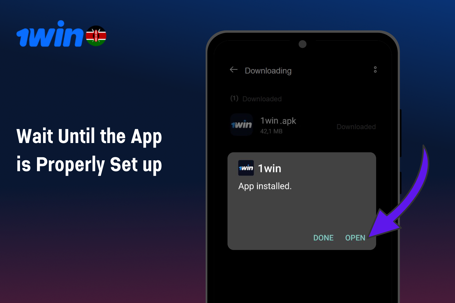 After pressing the confirmation button, the user from Kenya needs to wait until the 1win App is installed over smartphone