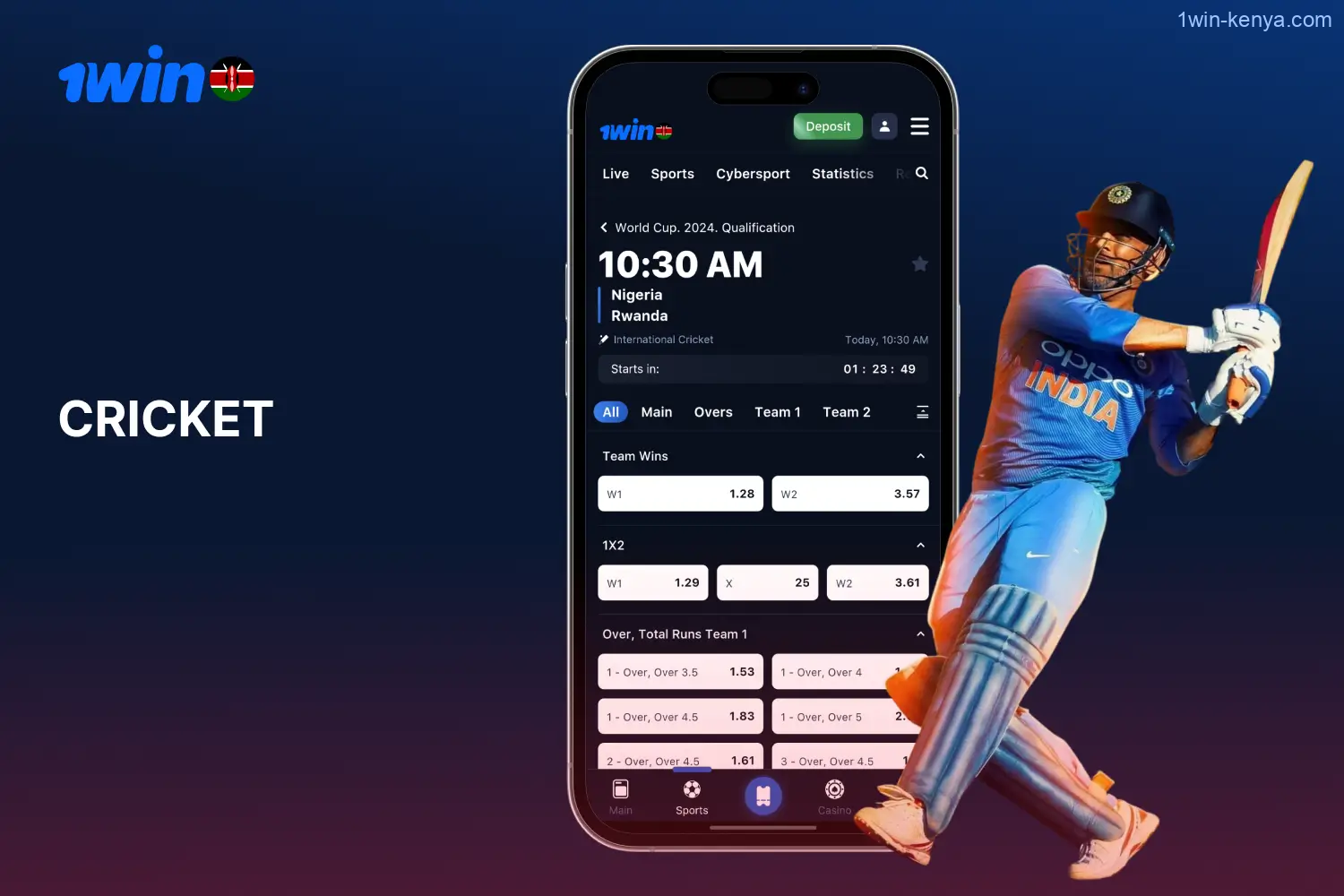 Users from Kenya enjoy betting on cricket competitions as well as being able to watch live streaming on 1win