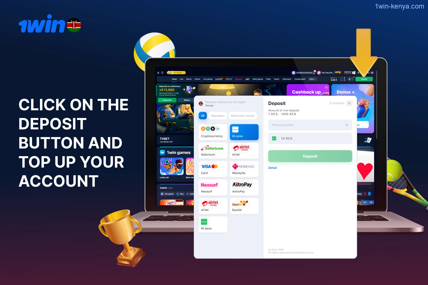 Users from Kenya must fund their 1win account before they can place a bet