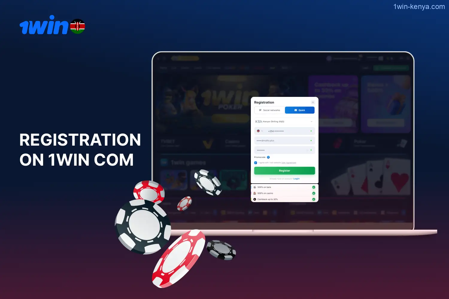 To get access to a lot of gambling games and nice bonuses from 1win Kenya, you need to register