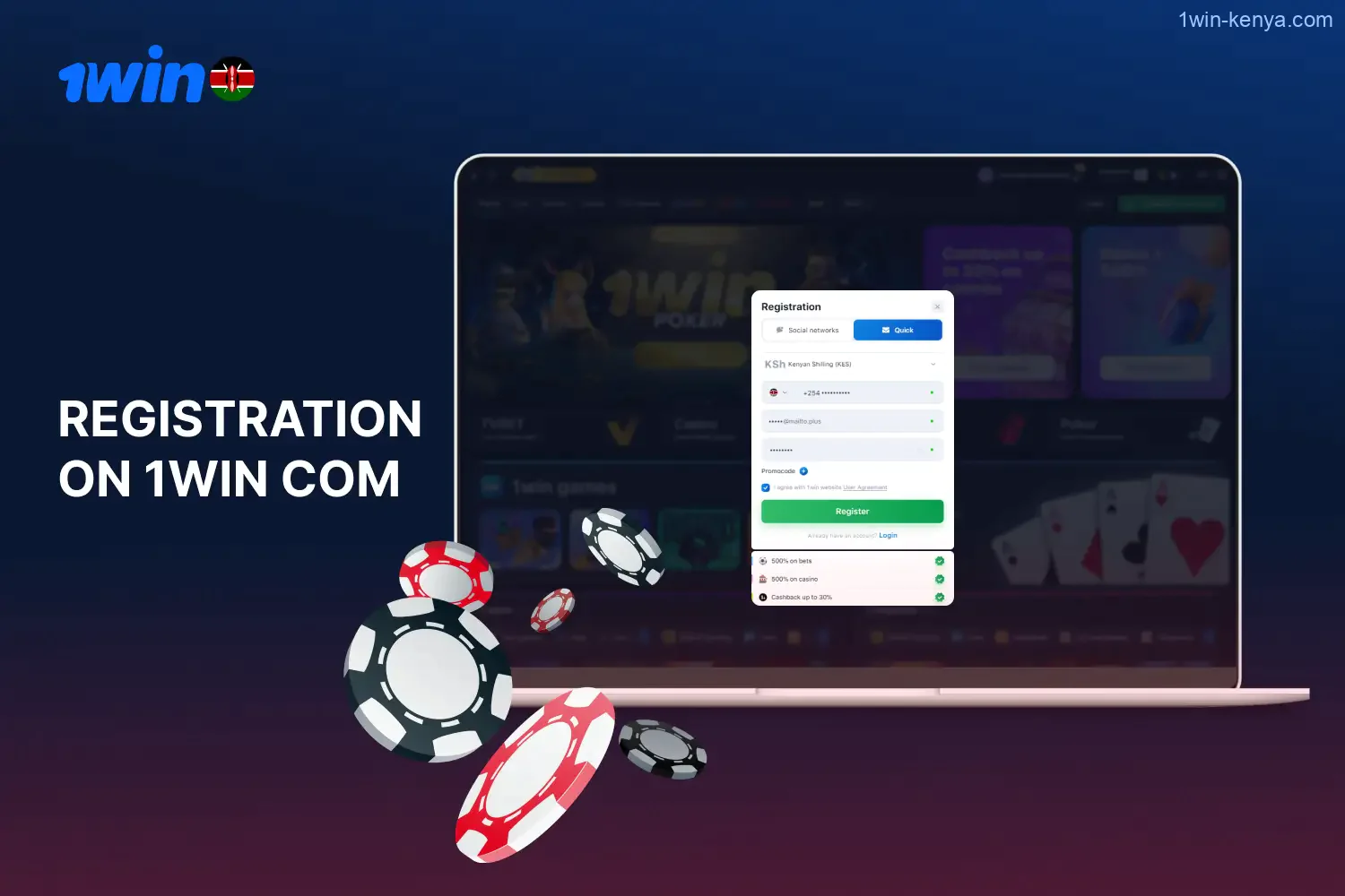 To get access to a lot of gambling games and nice bonuses from 1win Kenya, you need to register