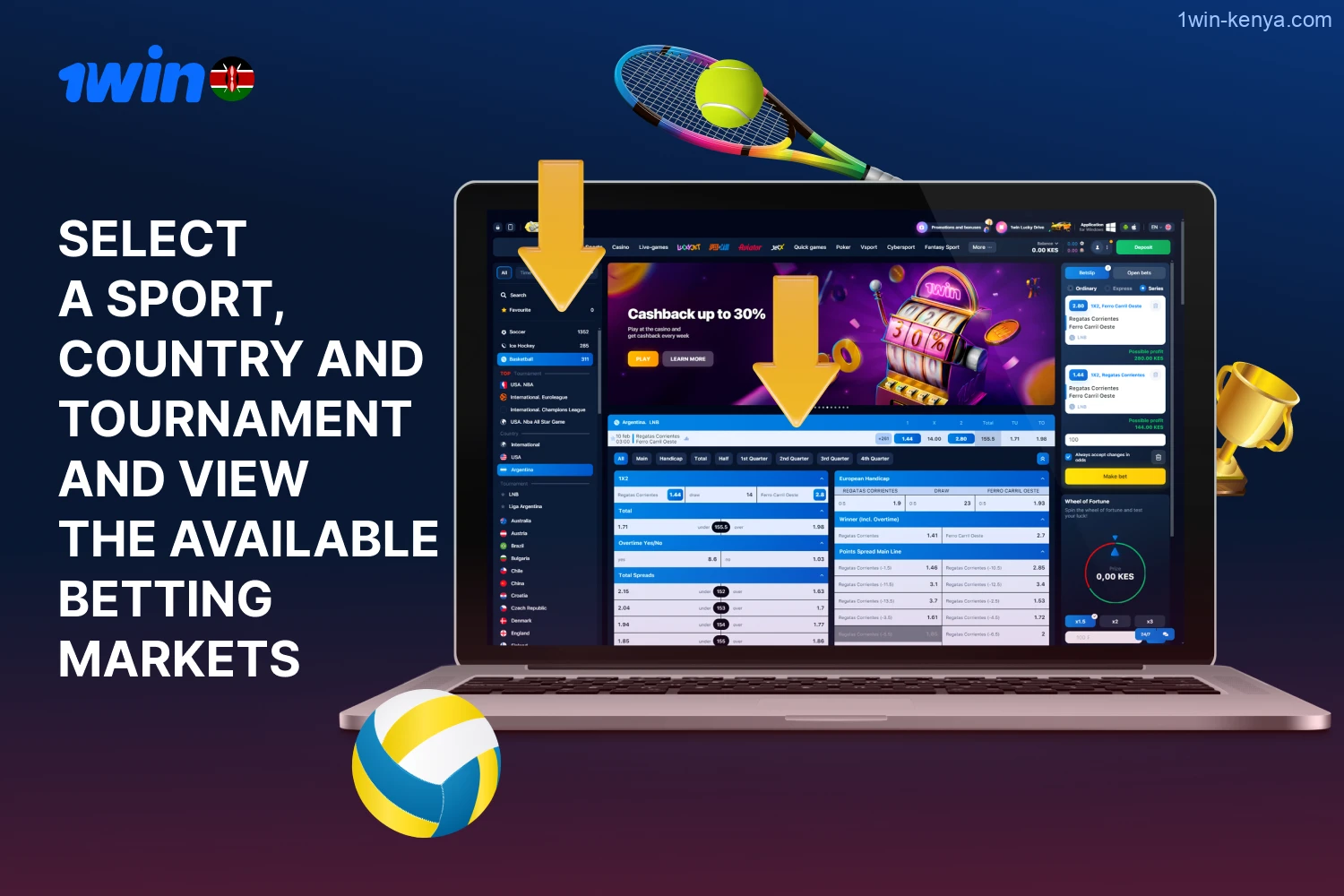 Select a sport, country and tournament and view the available betting markets on the 1win Kenya platform