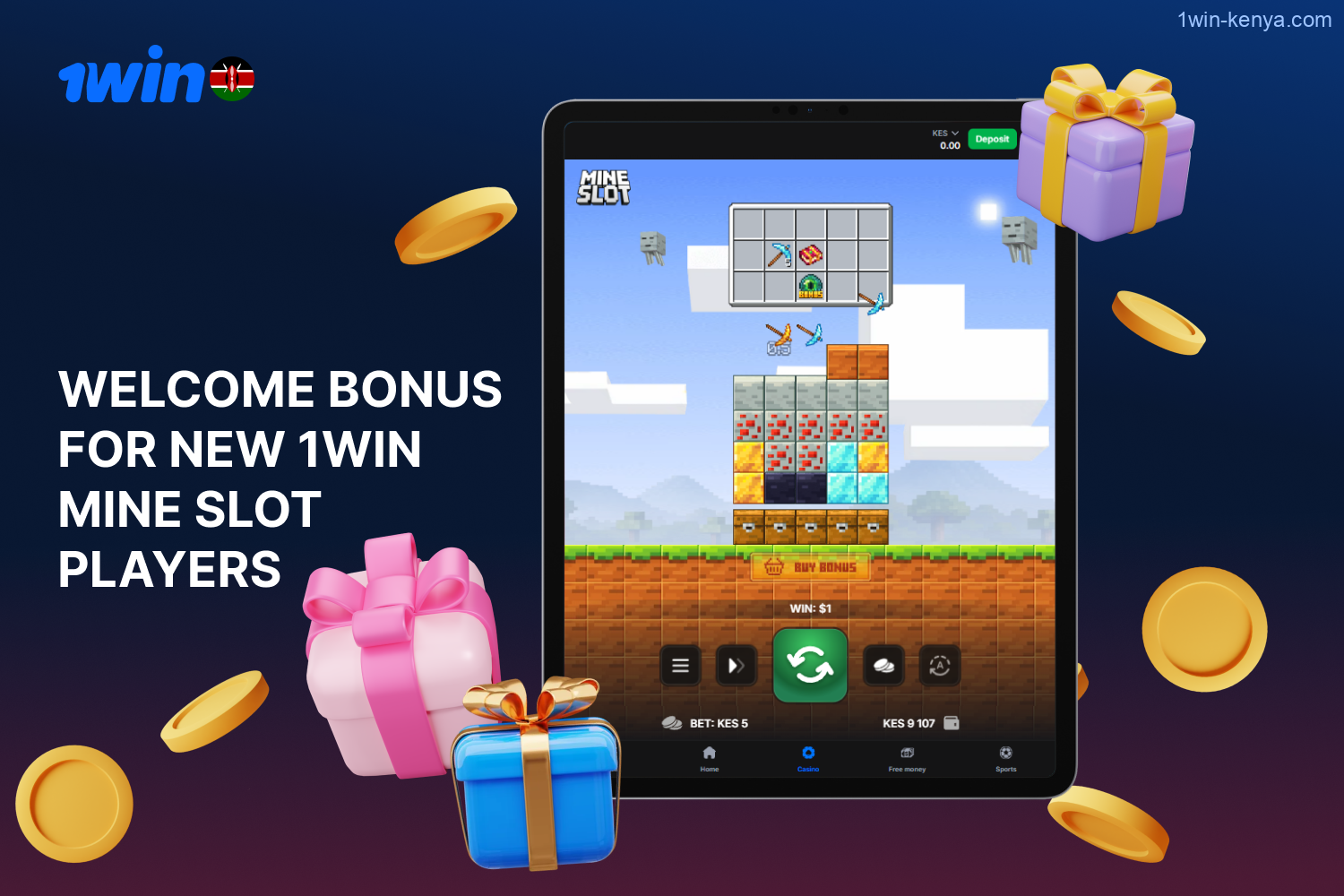 New players from Kenya can start playing Mine Slot with an exciting welcome bonus from 1win